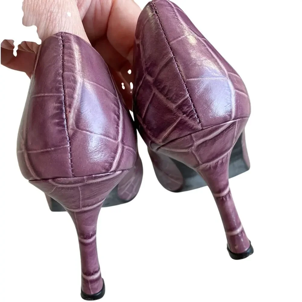 Amanda Smith purple leather stiletto pumps US 7.5M shoes moc croc pointy toes